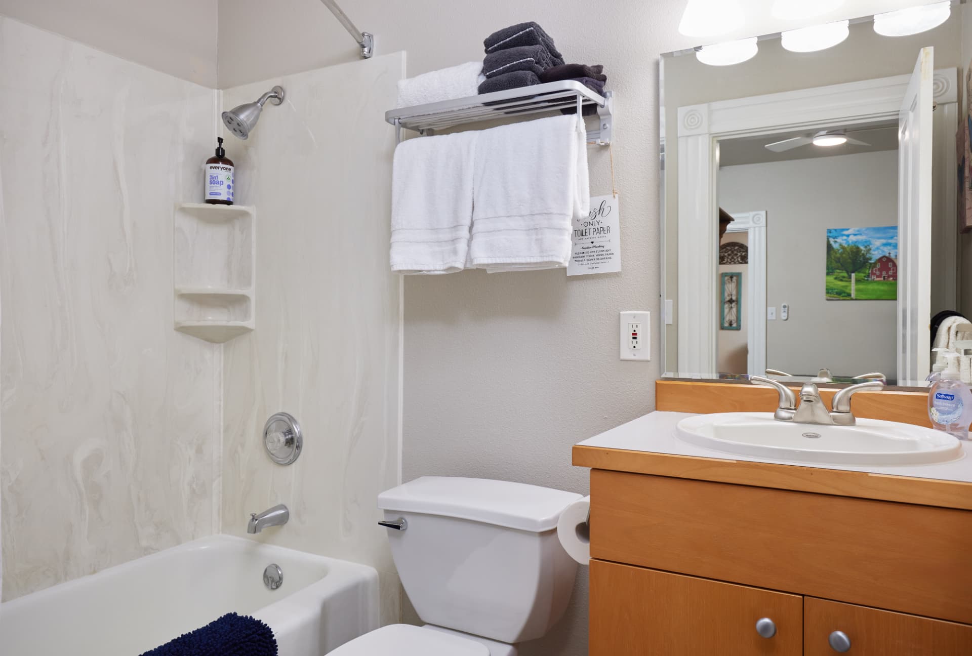 The Vineyard bathroom with white vanity and tub-shower combination